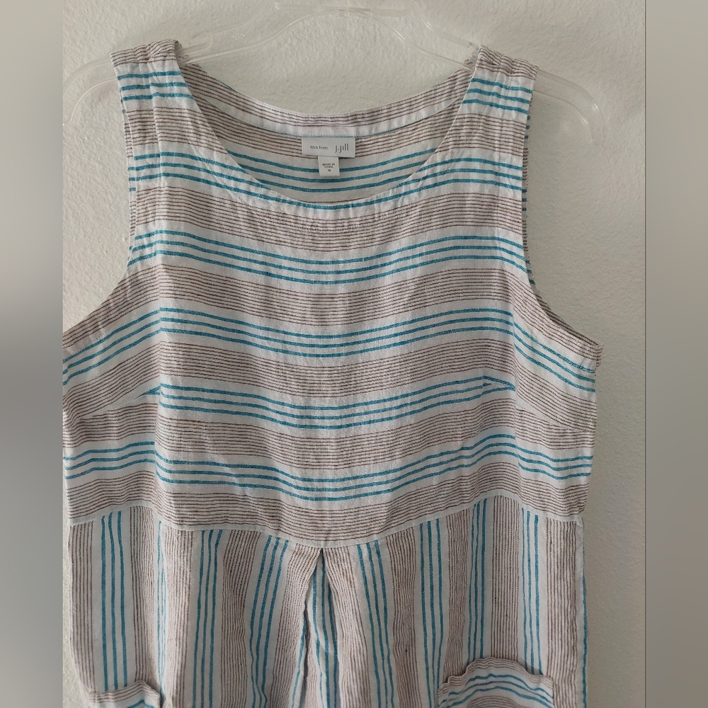 100% Linen Scoopneck Dress Medium Blue/Brown Stripes On White - Picture 3 of 6